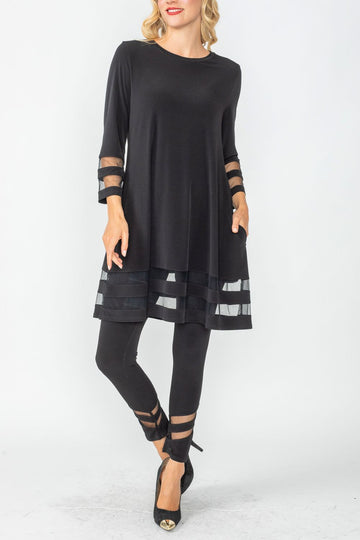 Black Soft Knit Mesh Trim Tunic Top